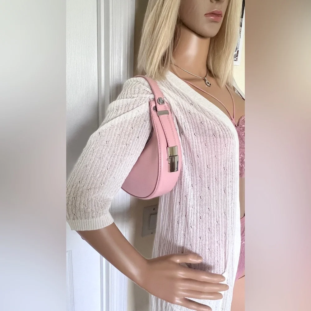 NWT Half-Moon Round Pink Barbie Color Small Purse Bag Women w Convertible Handle - Picture 2 of 9